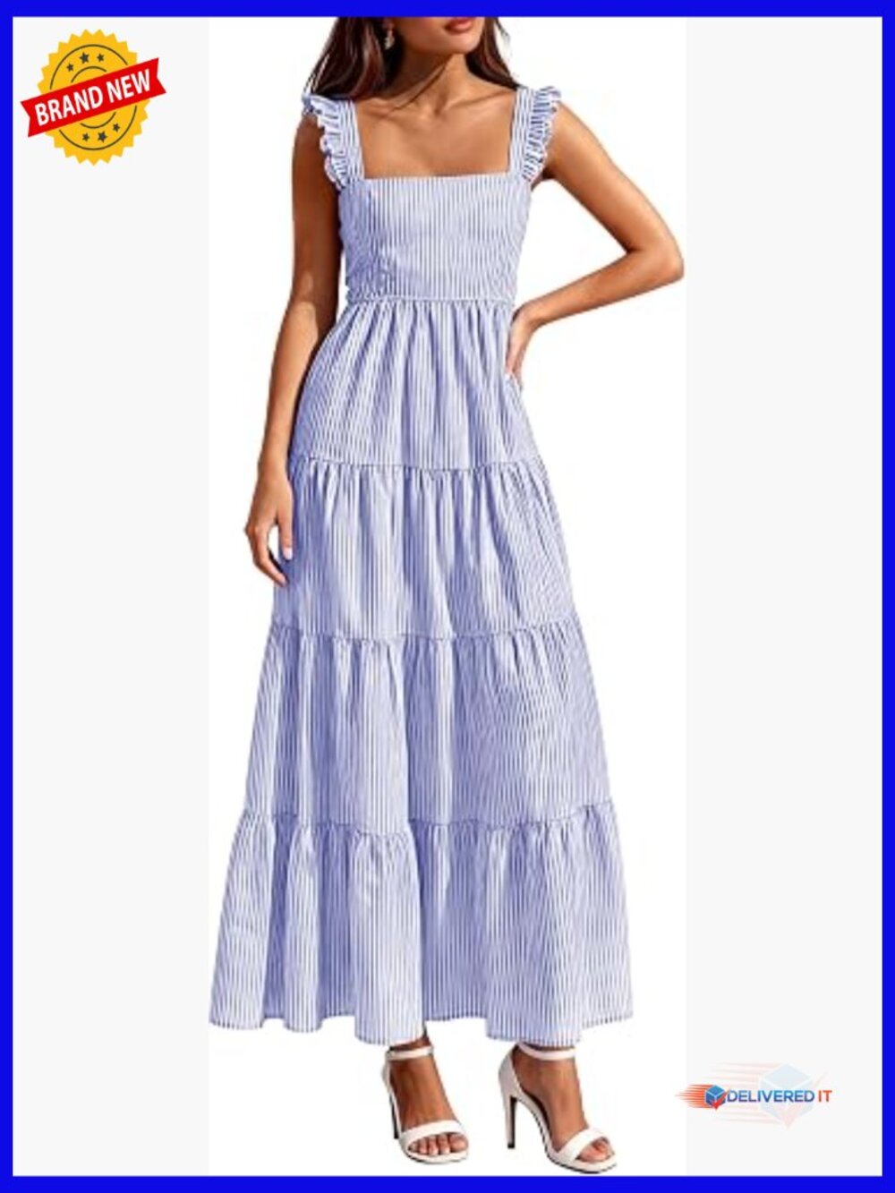 Striped Square Neck Sleeveless Boho Flowy Maxi Dress with Pockets